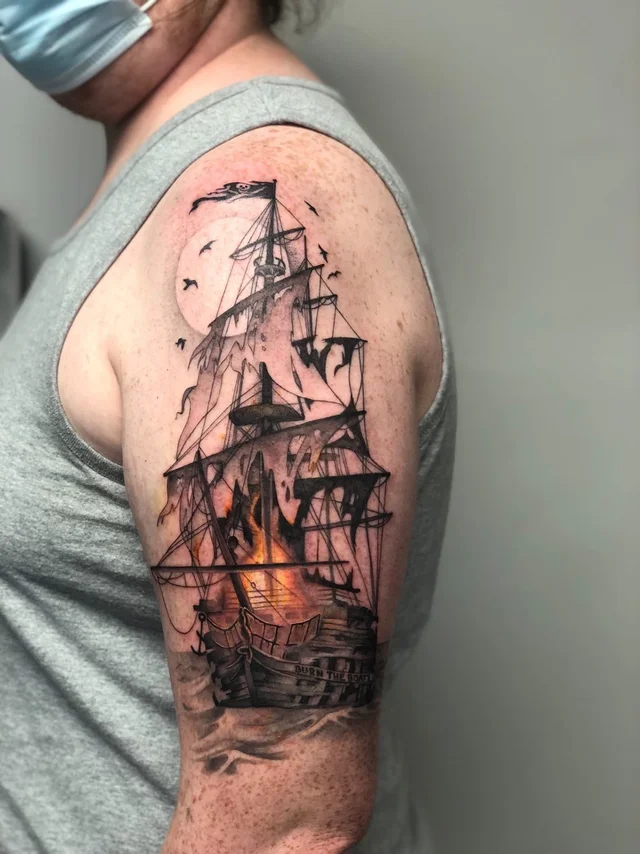 1 Burning Pirate Ship By Kristine Vodon At Boomtown Tattoos In London