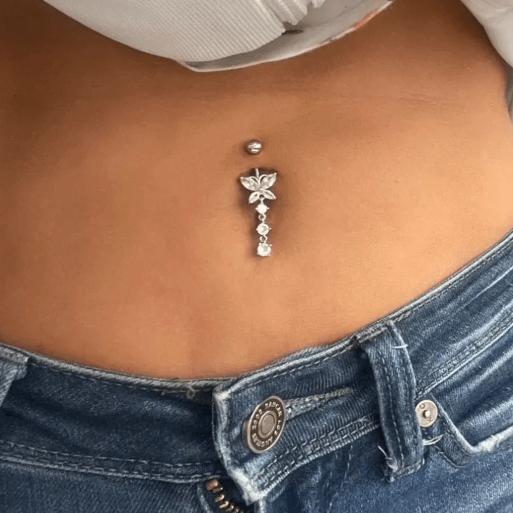 14G 316L Steel Cz Butterfly Belly Button Ring Belly Piercing Etsy Uk