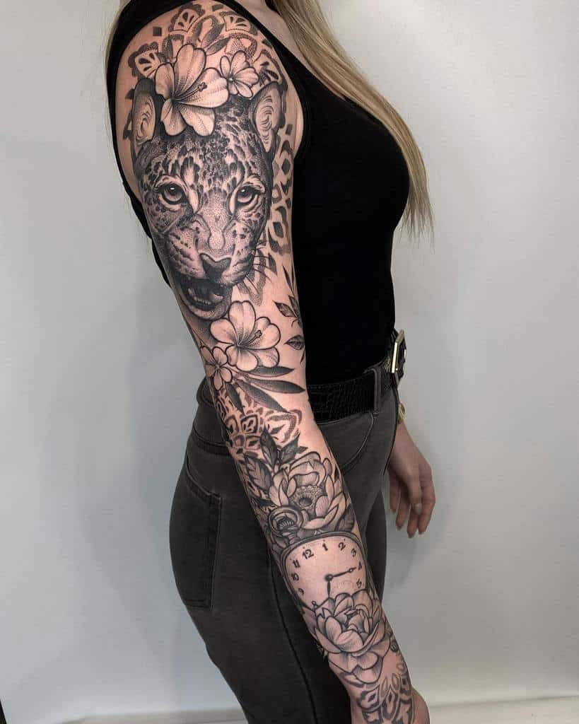 37 Flower Sleeve Tattoo Black And White