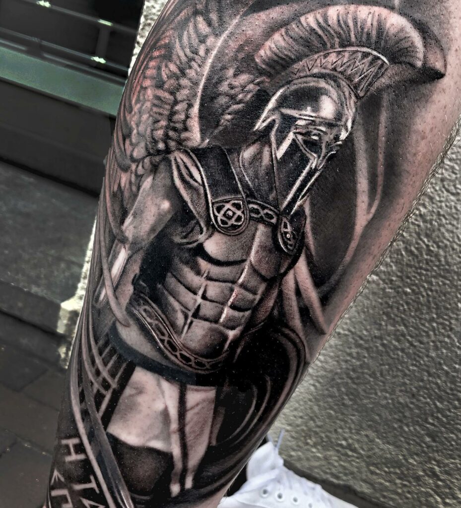 3D Warrior Helmet Tattoo Design For Leg Calf Spartan Tattoo Spartan