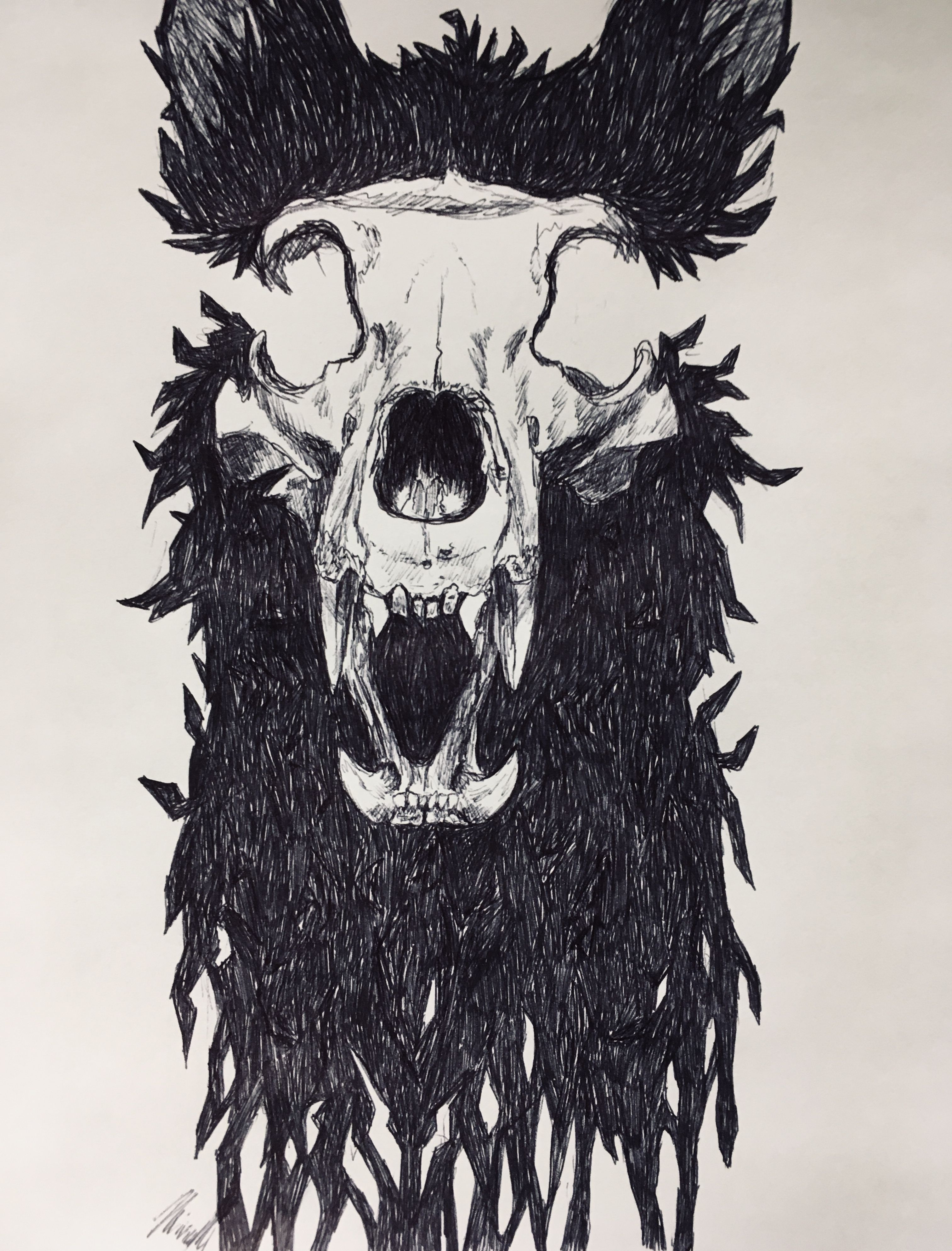 A Drawing Of A Wolf Skull With Horns On It Amp 39 S Head And An Arrow In Its Mouth