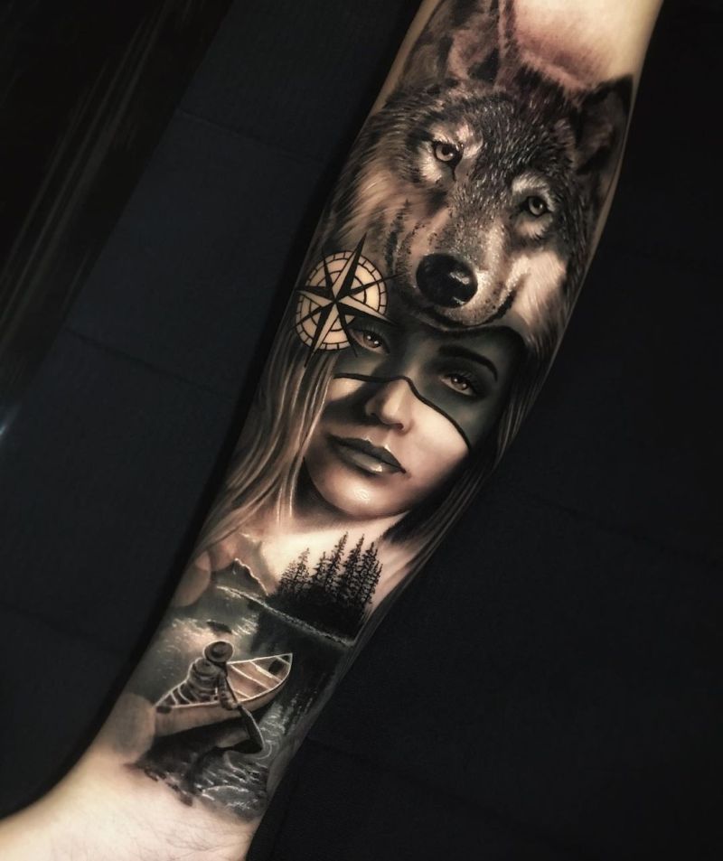 A Woman With A Wolf Tattoo On Her Arm