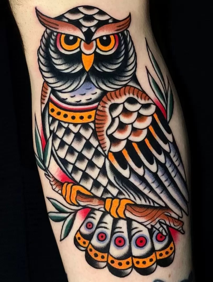 American Traditional Owl And Skeleton Tattoo Design