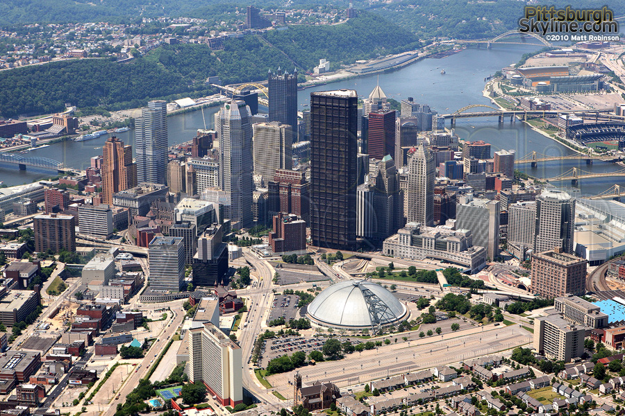 An Aerial View Of Pittsburgh Downtown Skyline With Bridges On Under