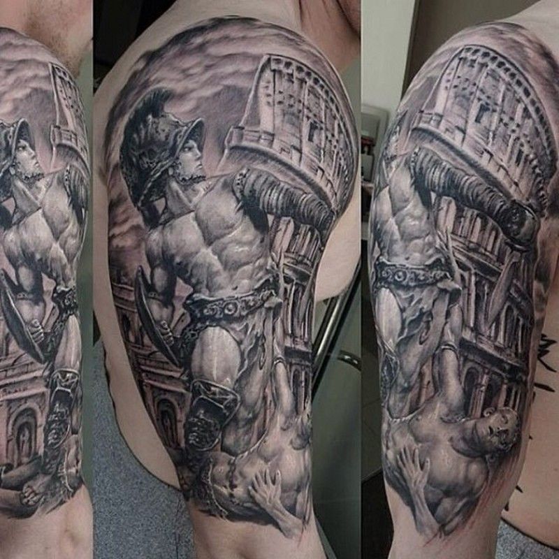 Ancient Rome Themed Black Ink Gladiator Statue Tattoo On Shoulder With