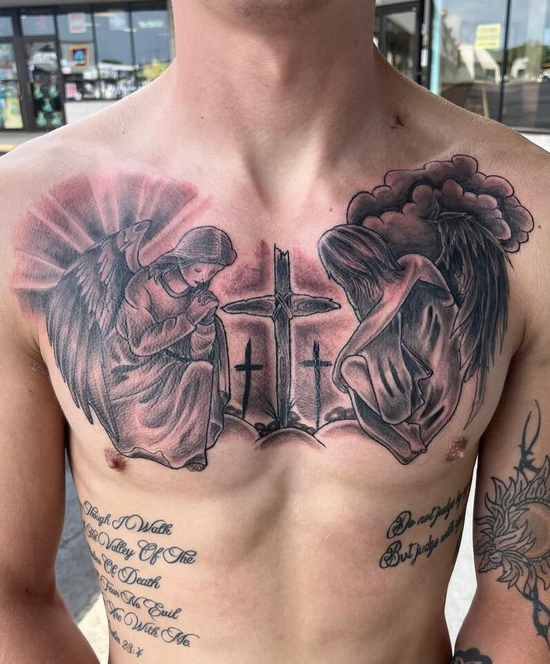 Angel Holding A Cross Cool Chest Tattoos Tattoos Angel Tattoo Designs