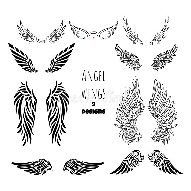 Angel Wings Tattoo Collection Isolated Black Stencils Romantic Doodle