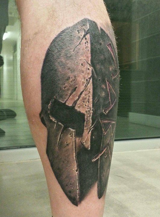 Awesome Spartan Helmet From The Left Side Of My Calf Tattoo Ideas