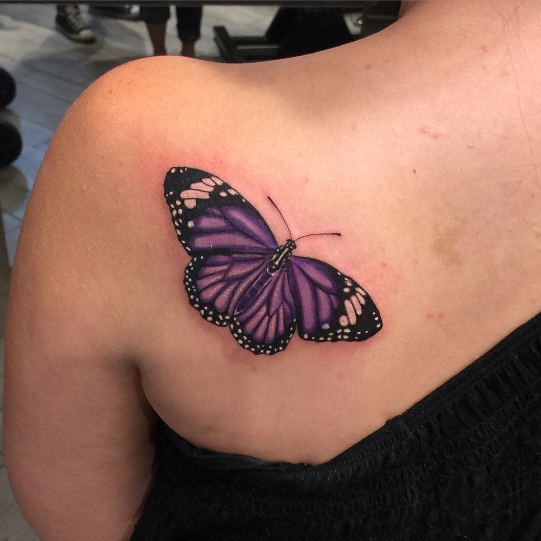 Beautiful Purple Butterfly Swirl Tattoo For Girls