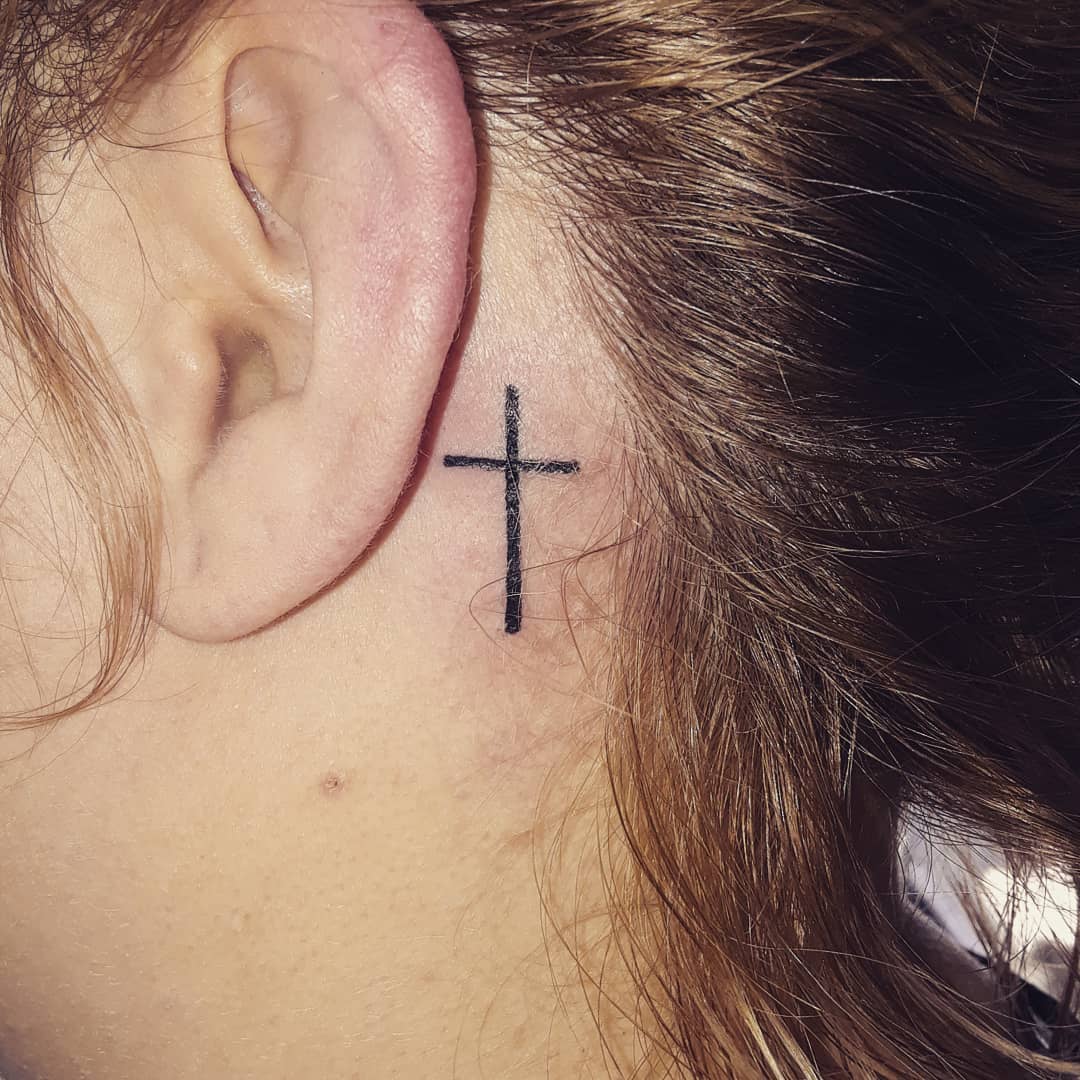 Behind The Ear Cross Tattoos