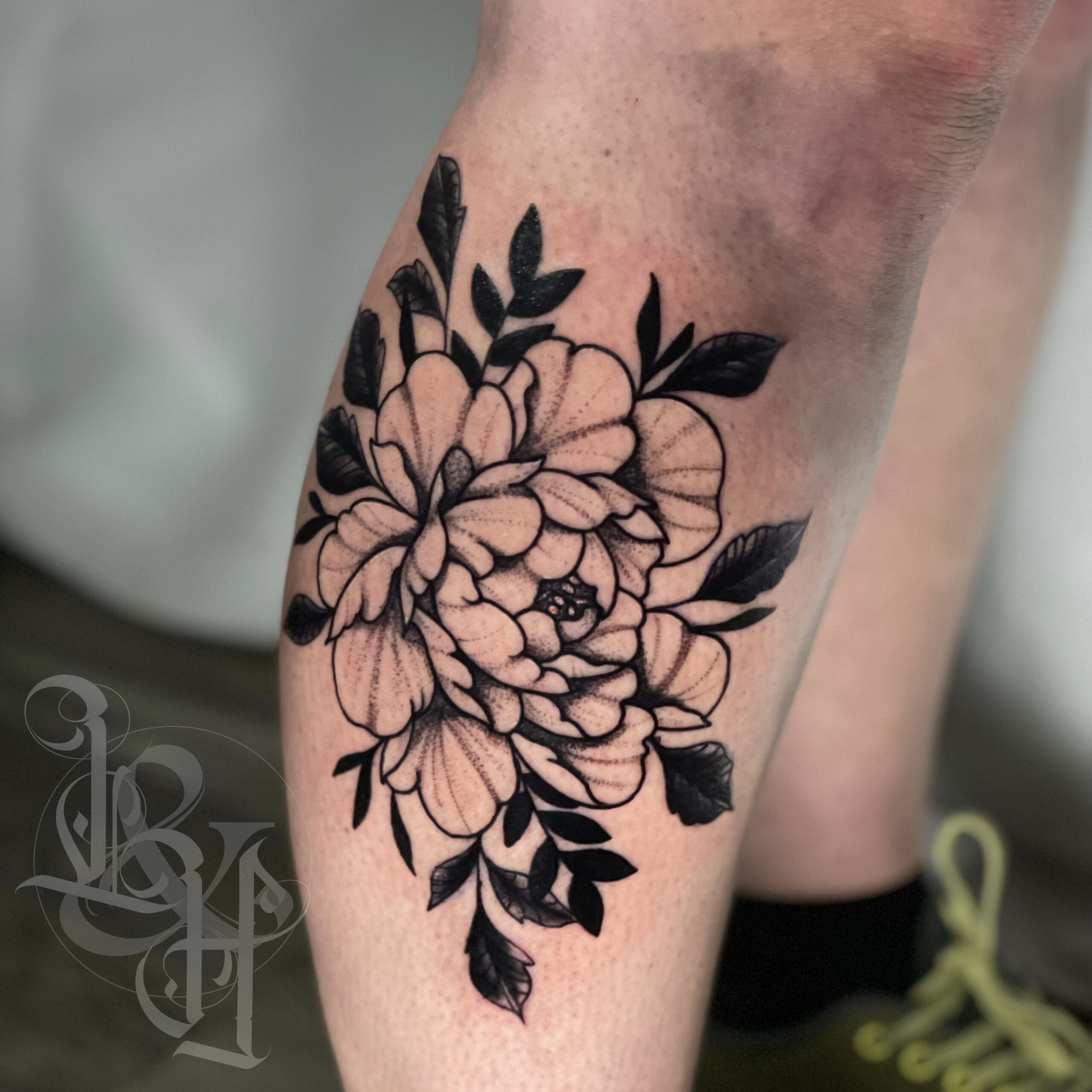 Black And Grey Peony Tattoo Done By Apprentice Ericka Blair At Diadem Tattoo In Jacksonville