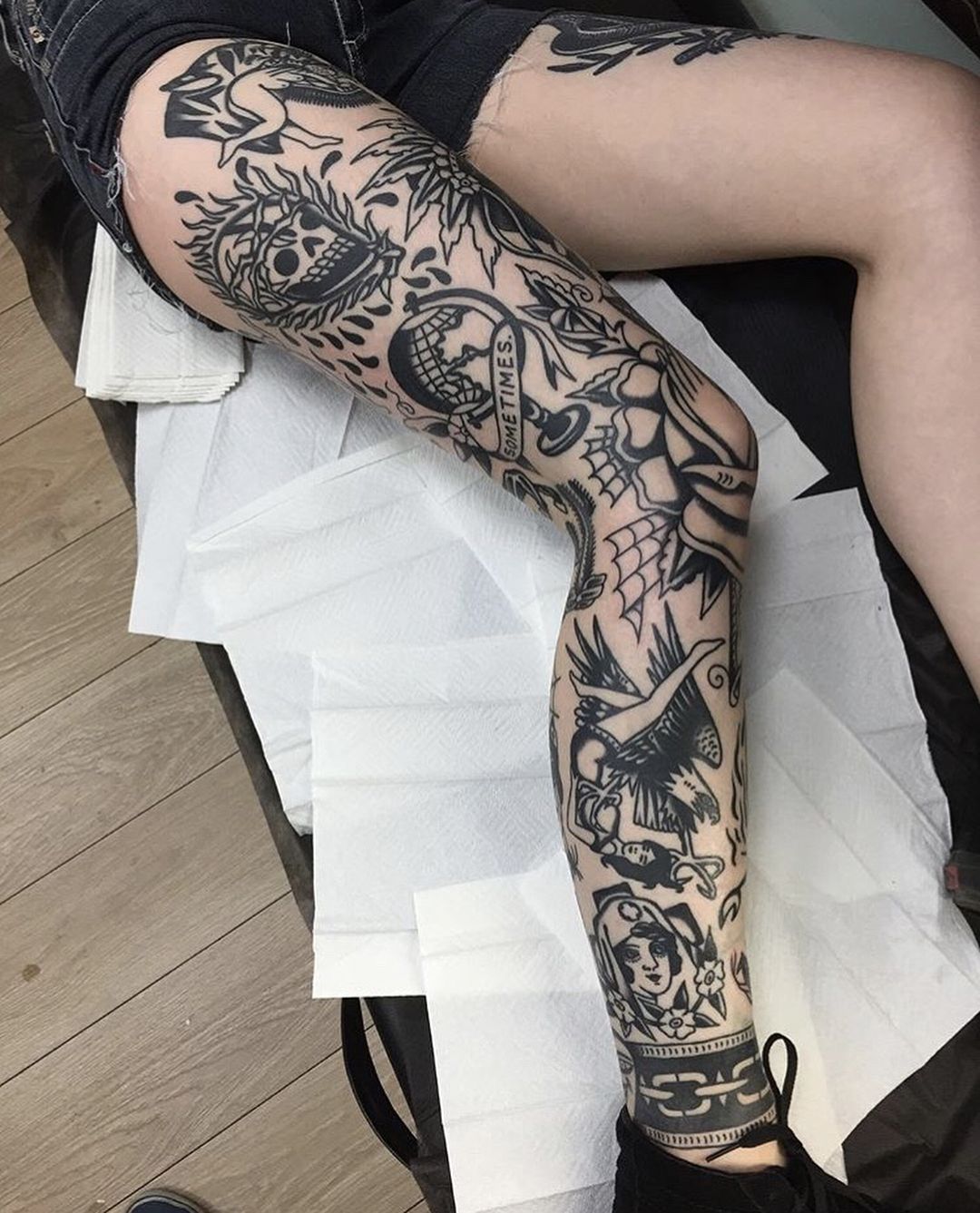 Black And White Leg Tattoos