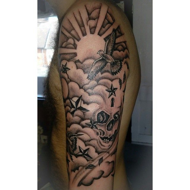 Black Grey Shaded Half Sleeve Done Today Doves Clouds Stars And A