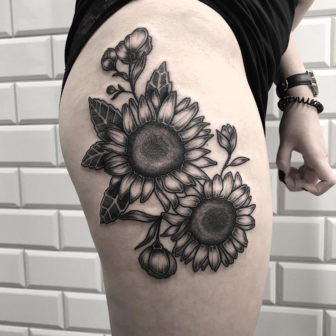 Black Sunflower Tattoo On The Thigh Tattoogrid Net