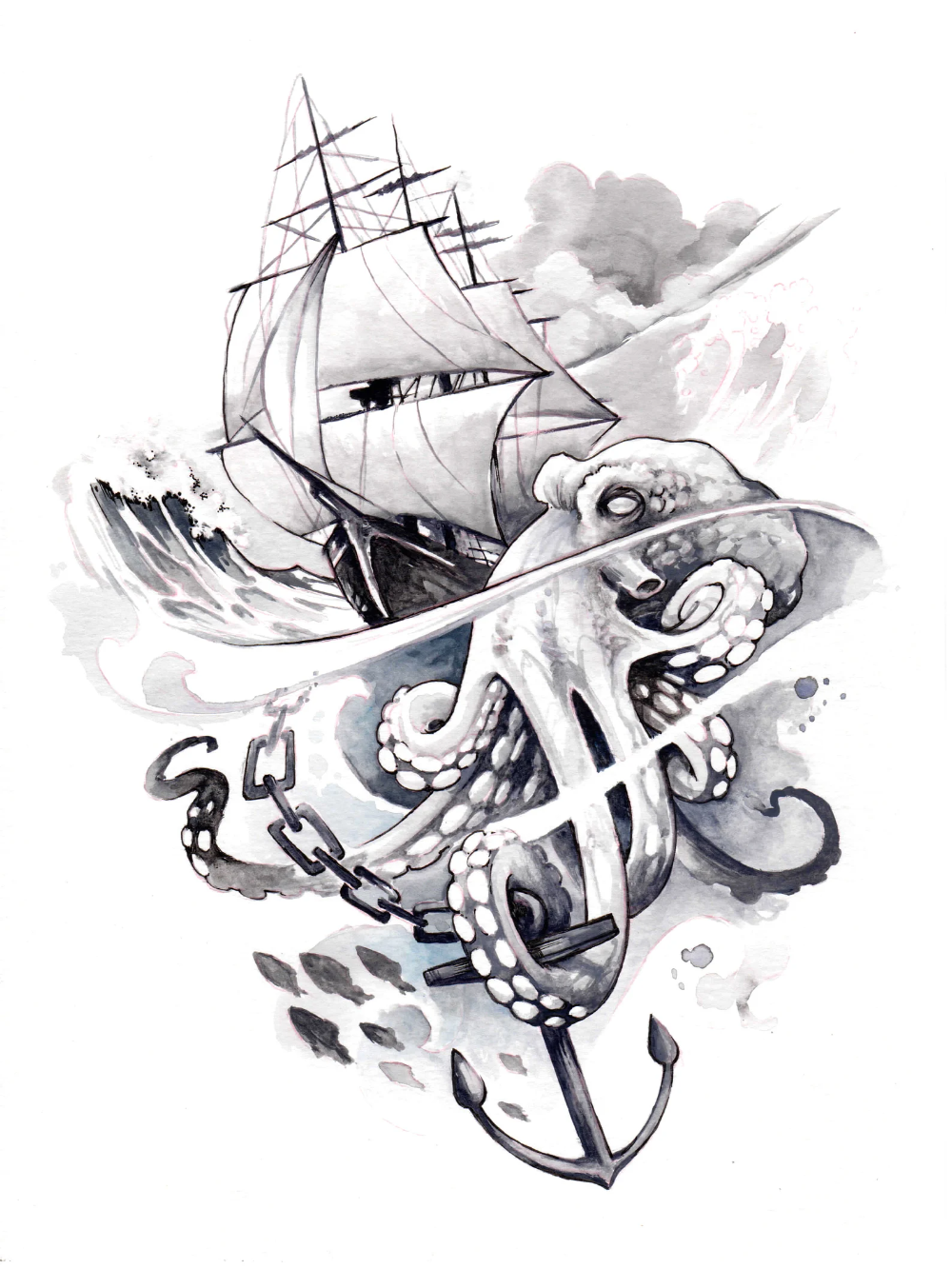 Clipper Ship And Kraken Etsy Dibujo Floral Tatuajes Interesantes Tatuajes