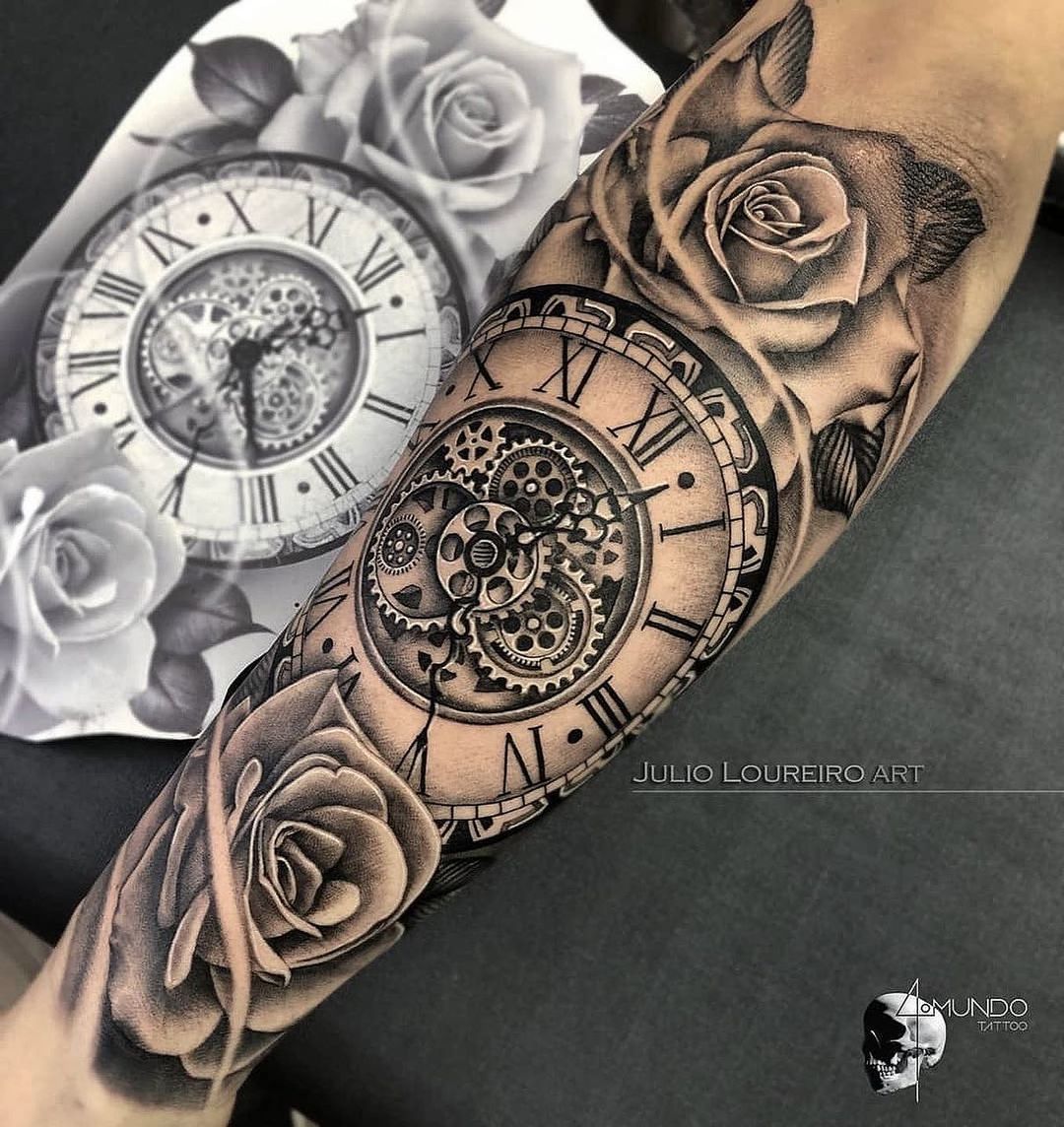 Clock Rose Tattoo On Arm R Tattoo