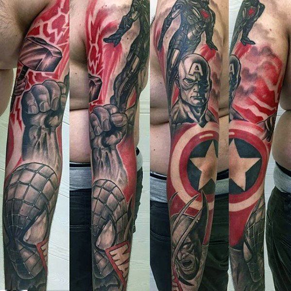 Cool Captain America With Spiderman Guys Marvel Full Sleeve Tattoos