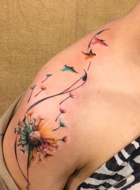 Dandelion Birds Colourtat Inksanetattoostudio Flyaway Shoulder Tattoos For Women Tattoos