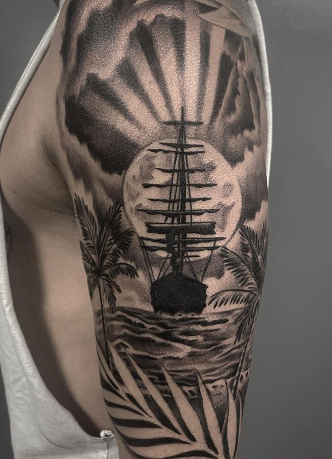 Detailed Ship Tattoo By Grain Leg Tattoos Tattoos And Piercings Body