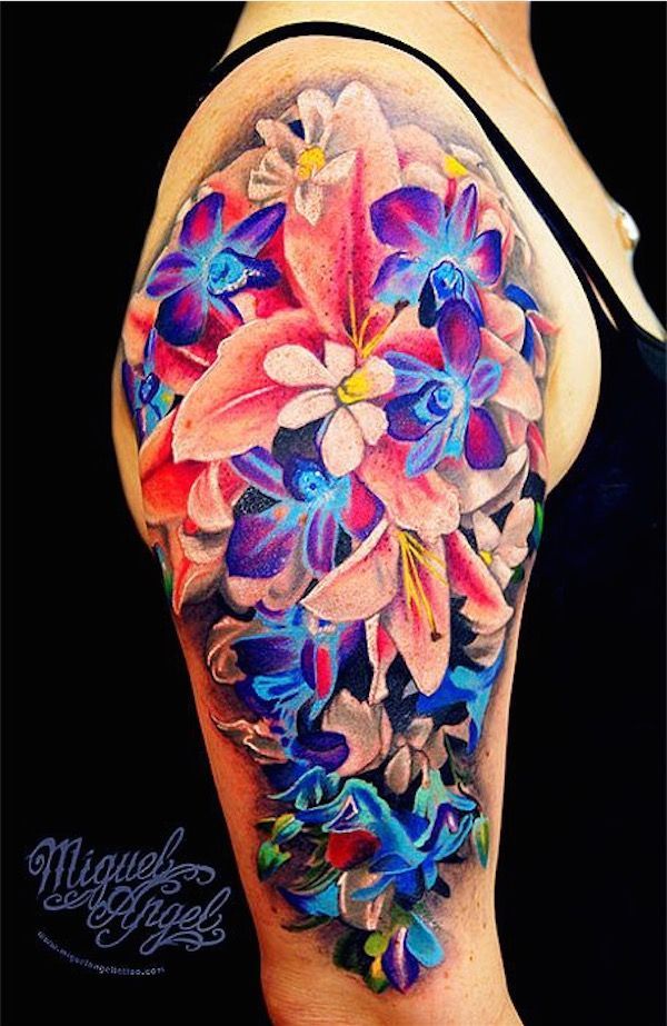 Different Flowers Bright Color Flower Tattoo Sleeve Girls With