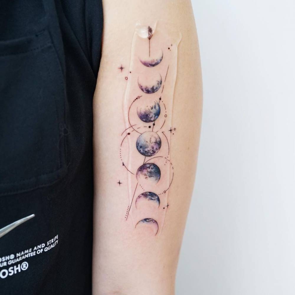 Dotwork And Watercolor Moon Phases Tattoo By Jupitertattoo Moon