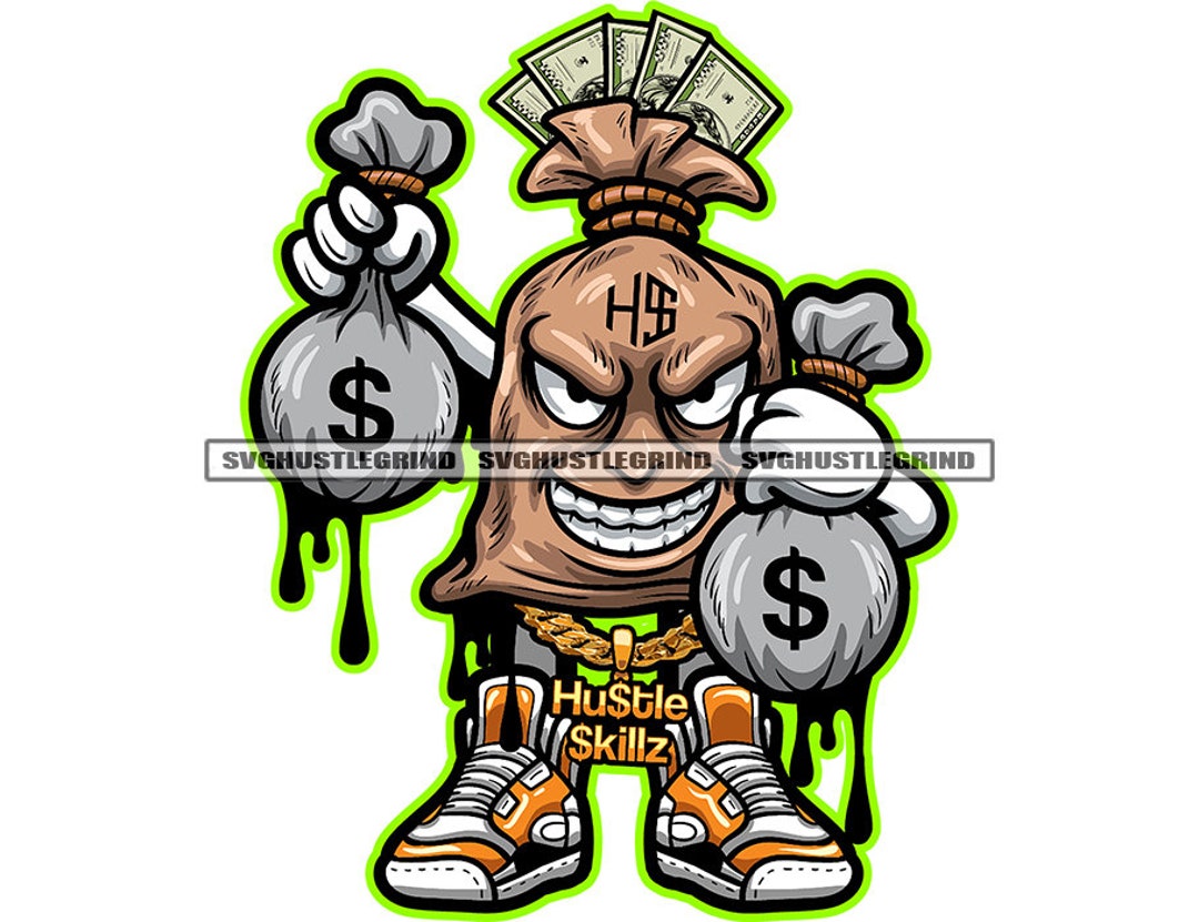 Easy Money Bag Gangster Cartoon Character Cash Bag Face Bandanna Gun