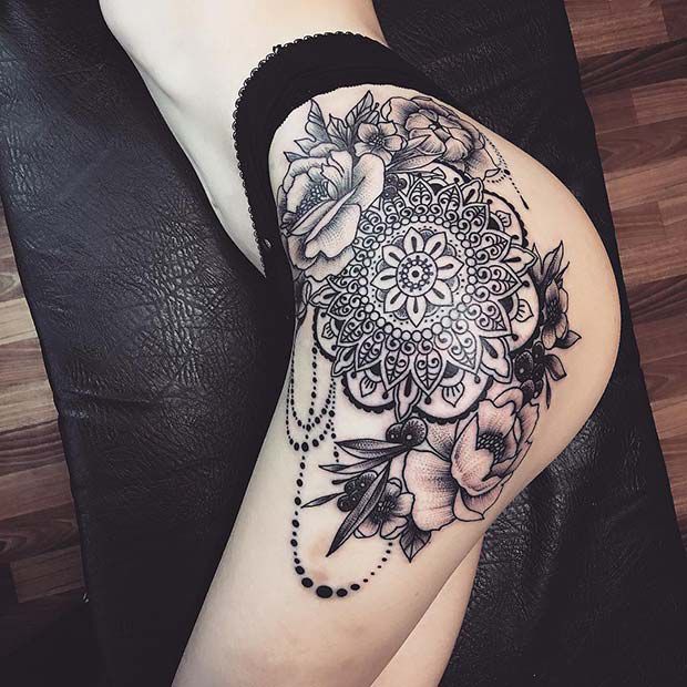 Elegant Thigh Tattoo In Black And White