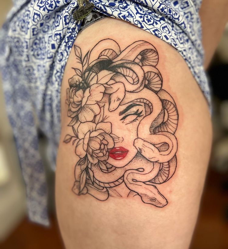 Feminine Medusa Thigh Tattoo Inspiration and Ideas