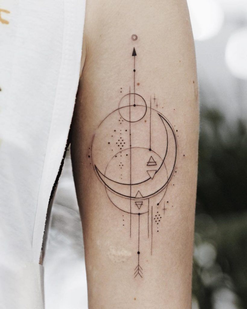 Fine Line Geometric Tattoo Of A Blackhole Sun With Light Rays Over