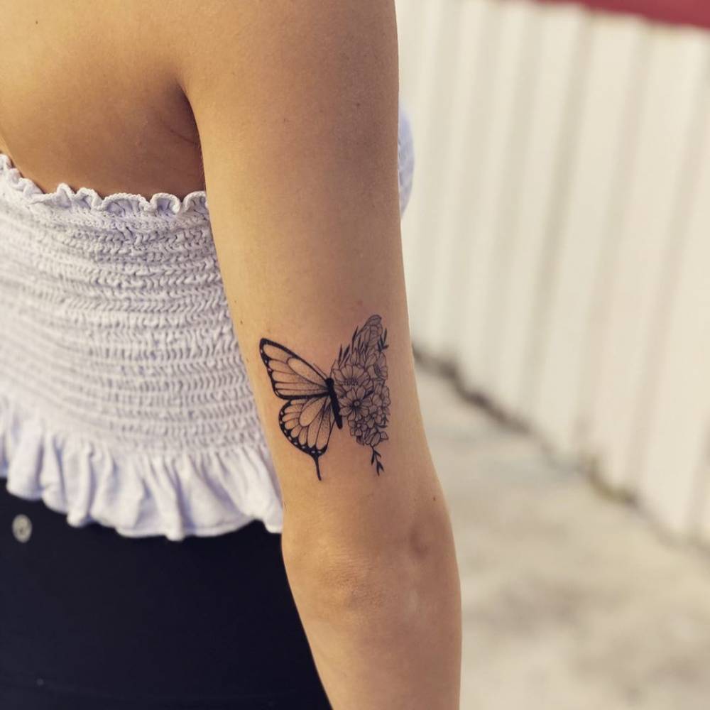 Fine Line Half Butterfly Half Flower Tattoo On The