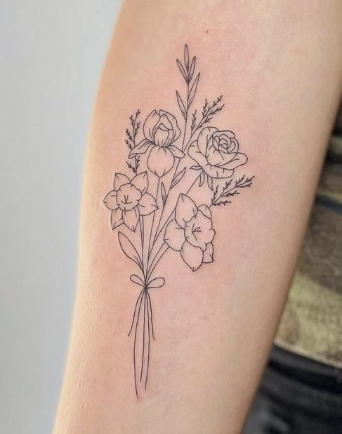 Fine Line Minimalist Birth Flower Bouquet Tattoo In 2022 Flower