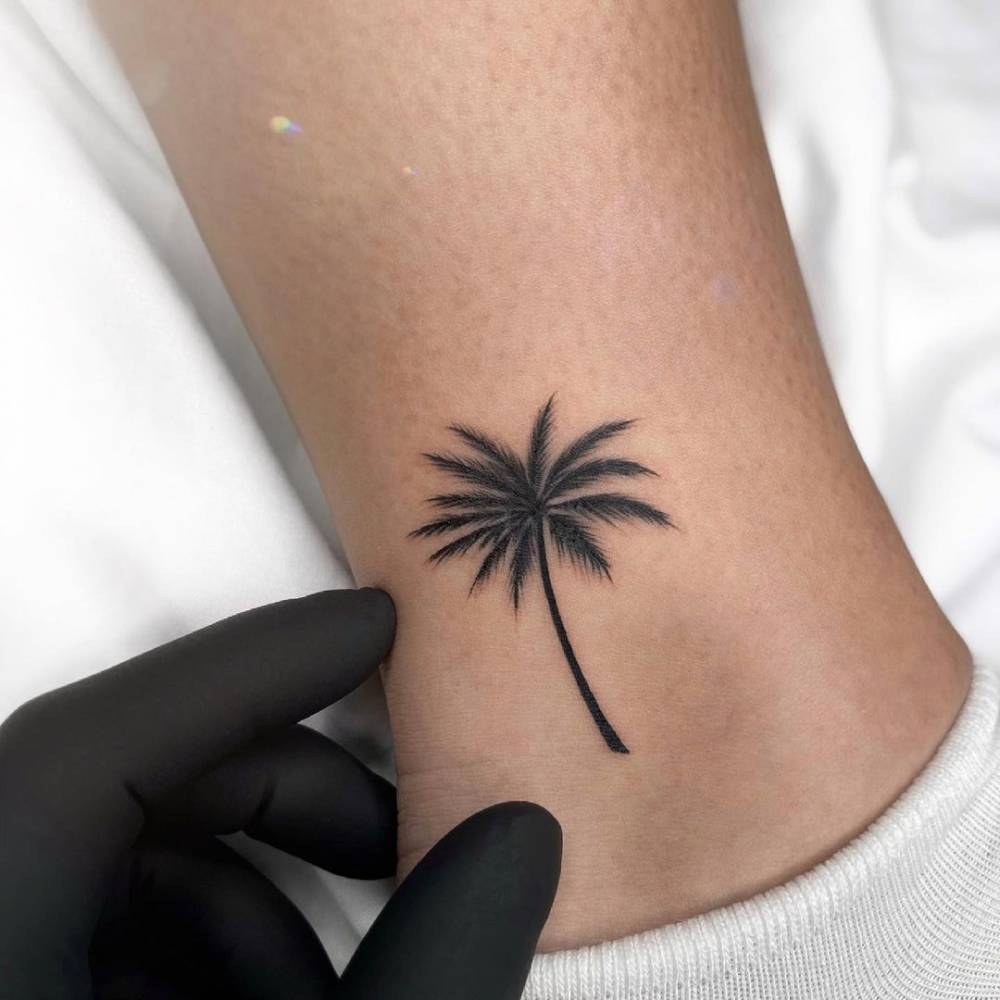 Fine Line Palm Tree Tattoo On The Ankle