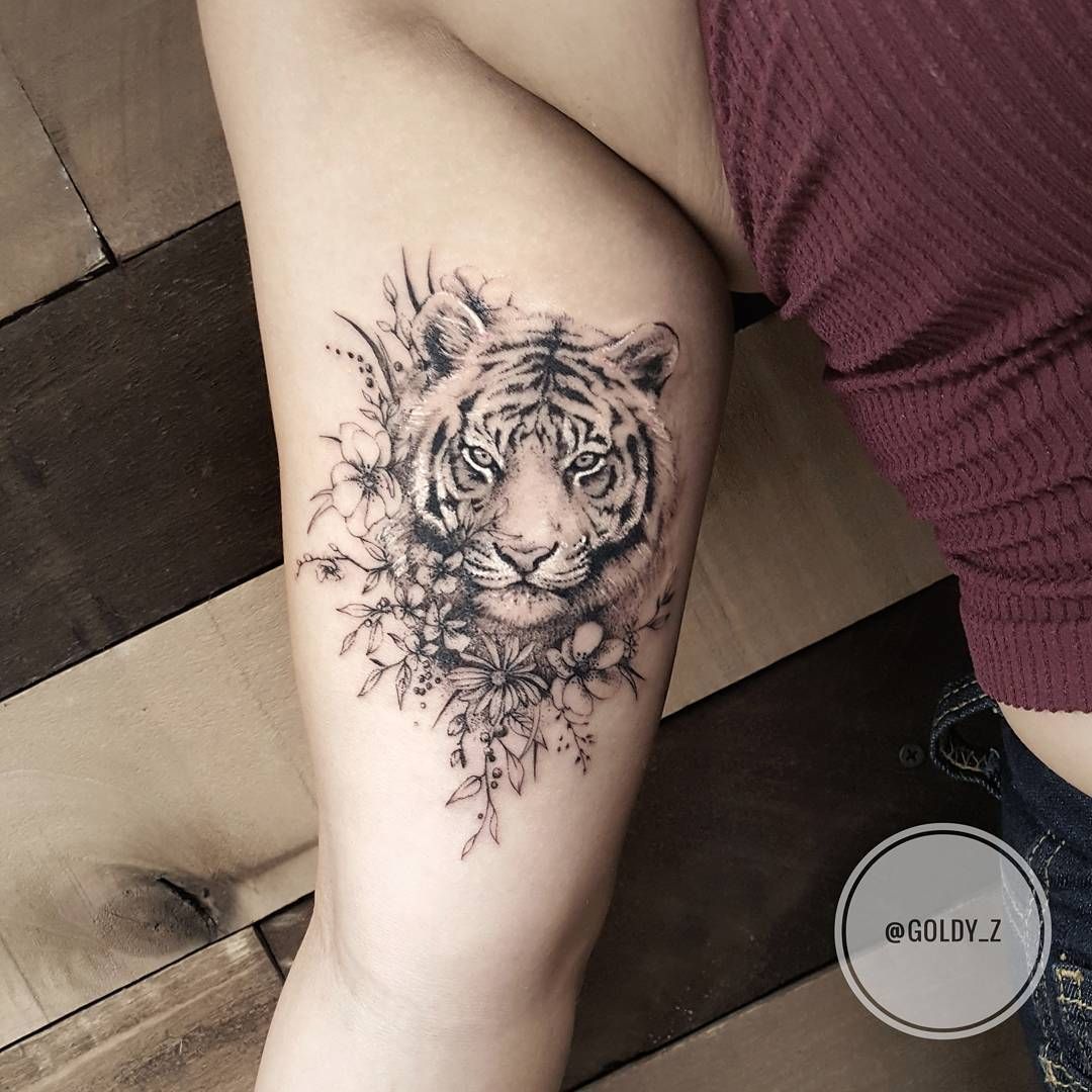 Floral Tiger Tattoo On Arm By Goldy Z Trendy Tattoos New Tattoos Body Art Tattoos Girl