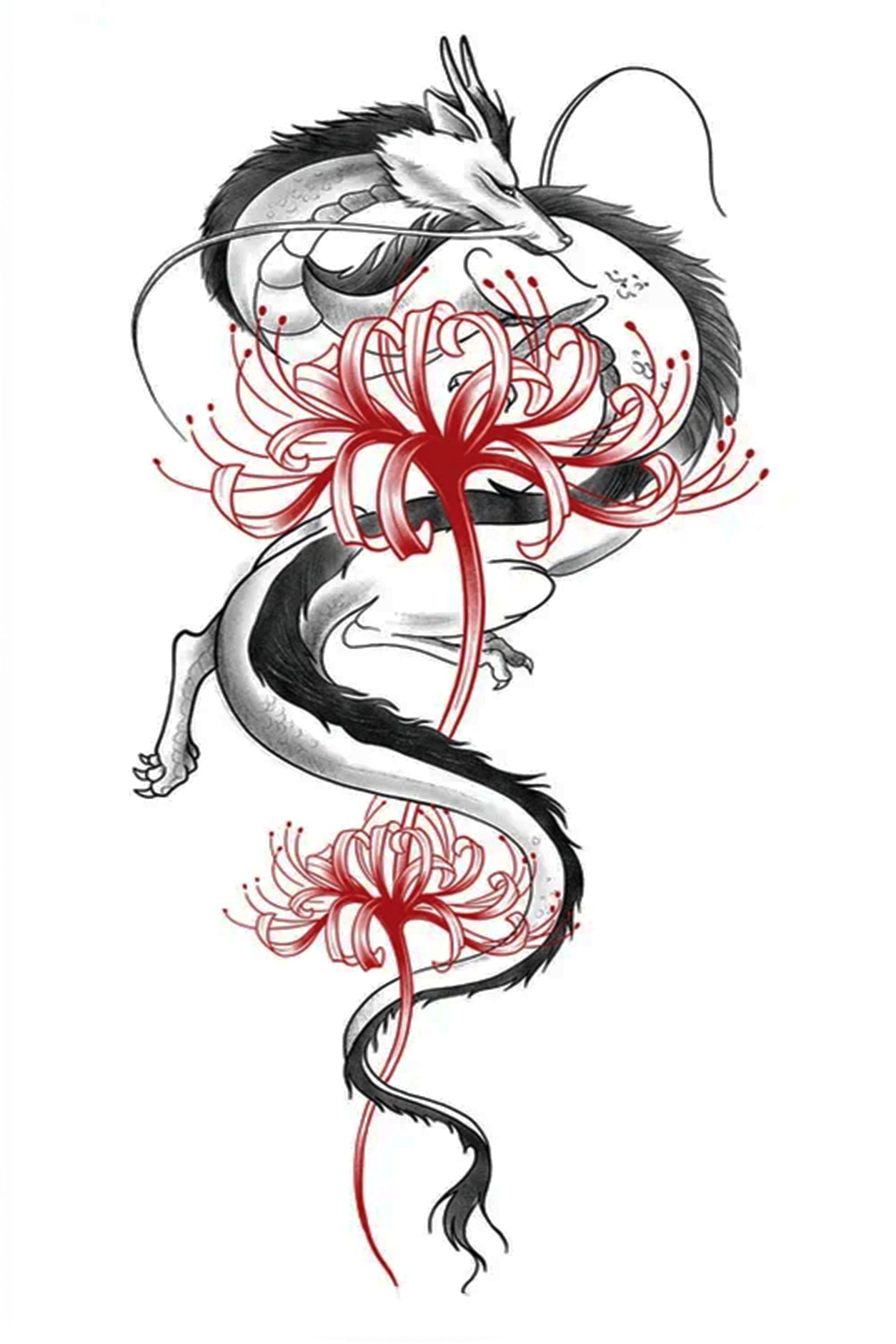 Flying Dragon With Red Spider Lily Tat Quick Temporary Tattoos