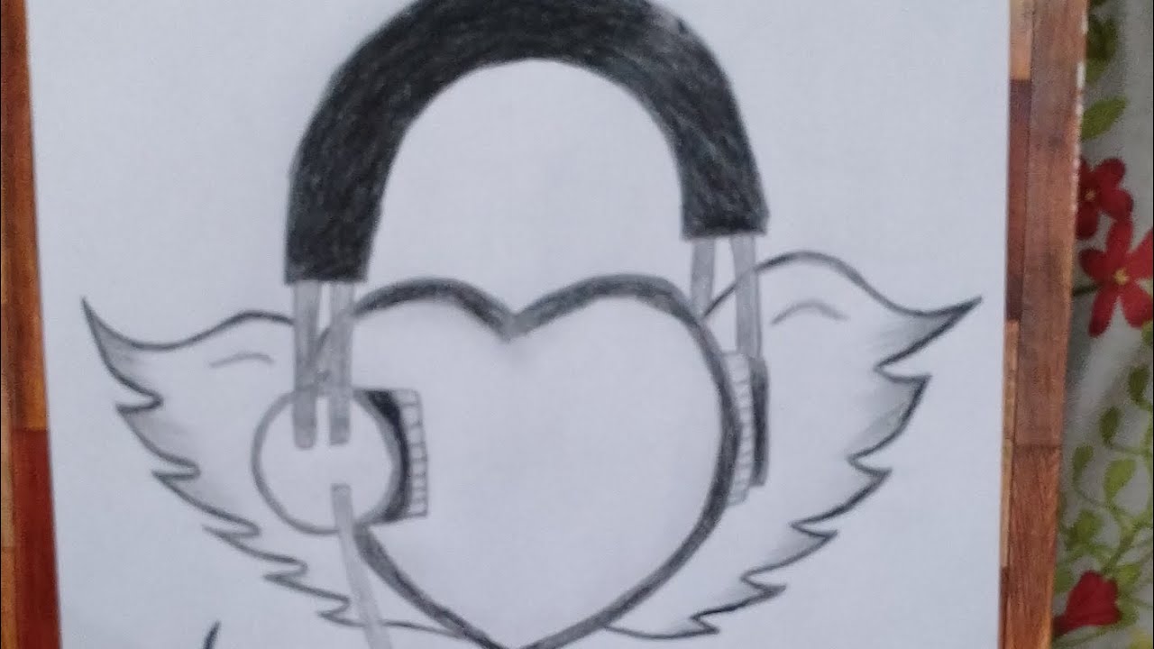 Flying Heart With Headphone Pencil Drawing Tattoo Designs Drawing