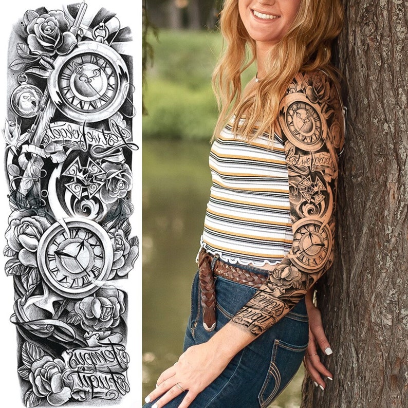 Full Sleeve Temporary Tattoos Arm Flower Floral Body Art Rose Etsy