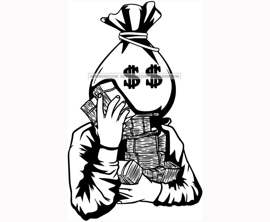 Gangster Money Bag Face Tattoo Mean Head Cash Sack Mafia Mob Boss Hip