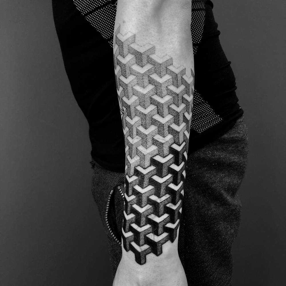 Geometric 3D Pattern Tattoo On The Left Forearm By Ferran Torre