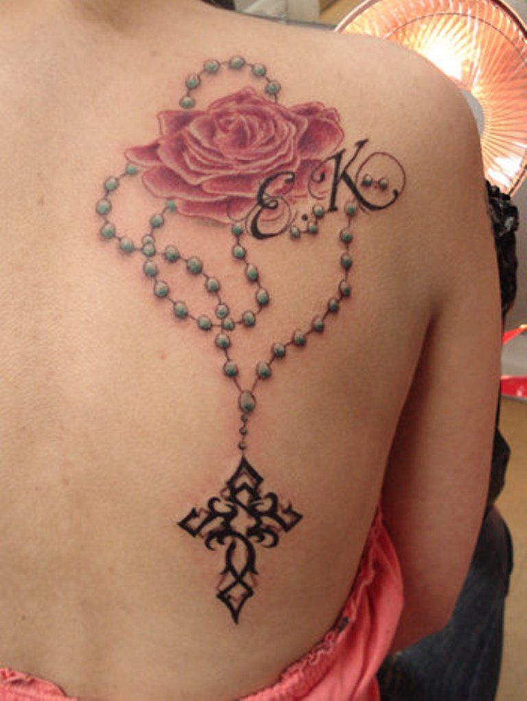 Grey Ink Rose Flower And Rosary Cross Tattoo On Left Back Shoulder