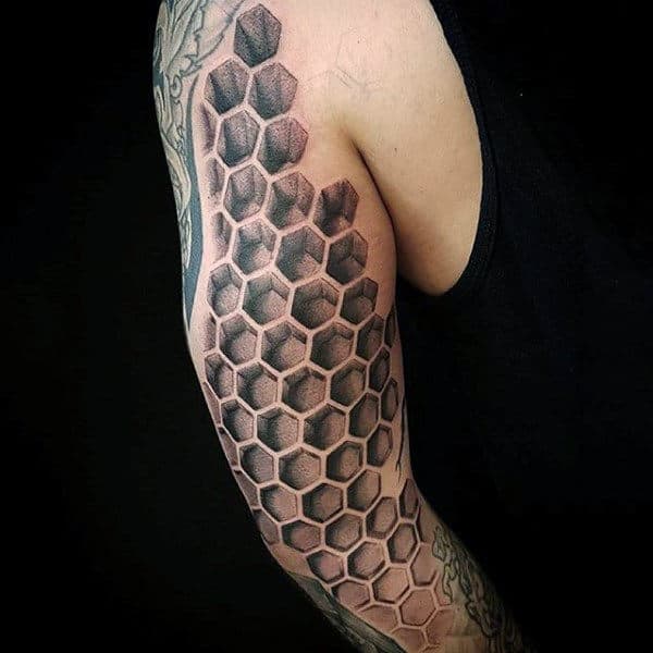 Guys Upper Arms 3D Black And Red Outlined Honeycomb Tattoo Red Tribal