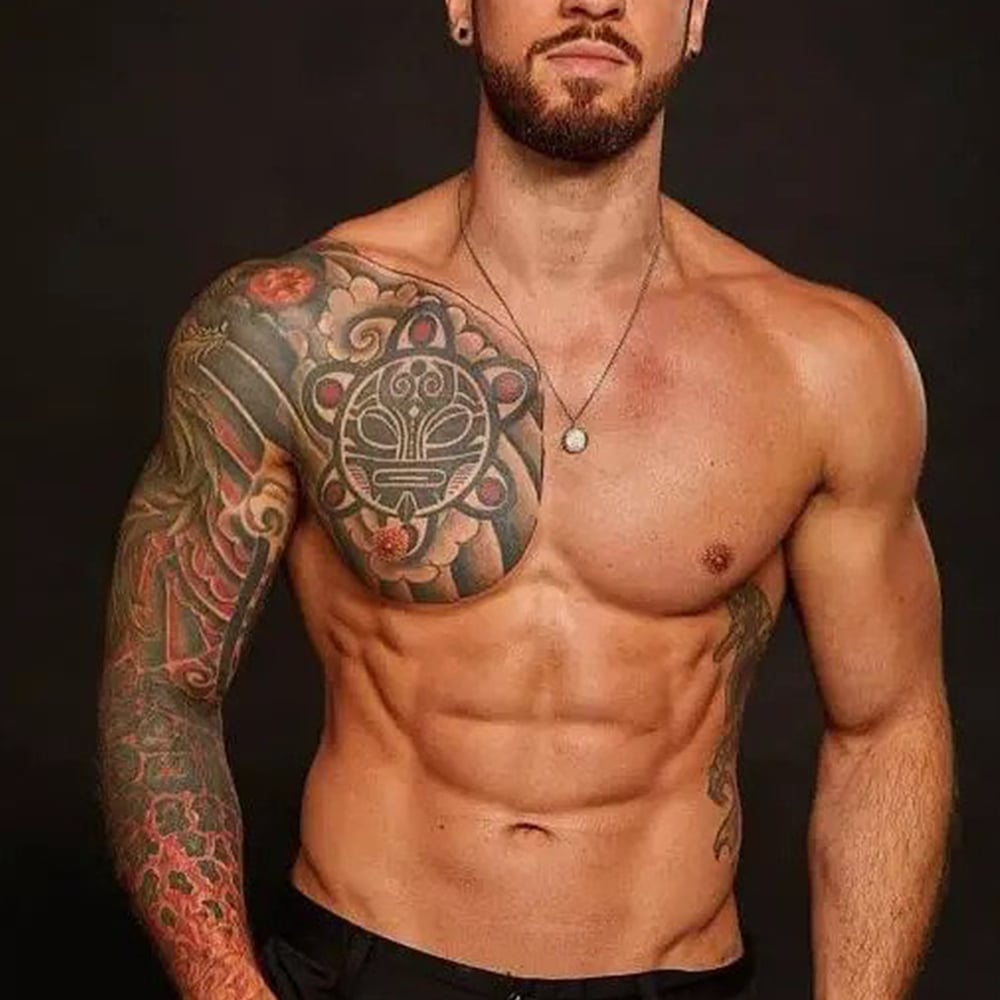 Half Chest Tattoo 1 In 2021 Chest Tattoo Men Cool Chest Tattoos