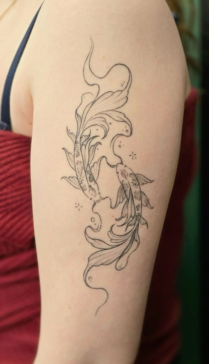 Healed Fine Line Delicate Yin Yang Koi Fish Tattoo In 2024 Line