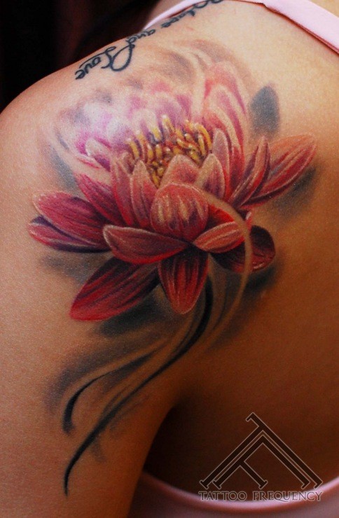 Illustrative Style Colored Lotus Flower Tattoo On Shoulder