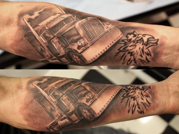 Image Result For 18 Wheelers In Tattoos Tattoosformen Trucker Tattoo Truck Tattoo Sleeve