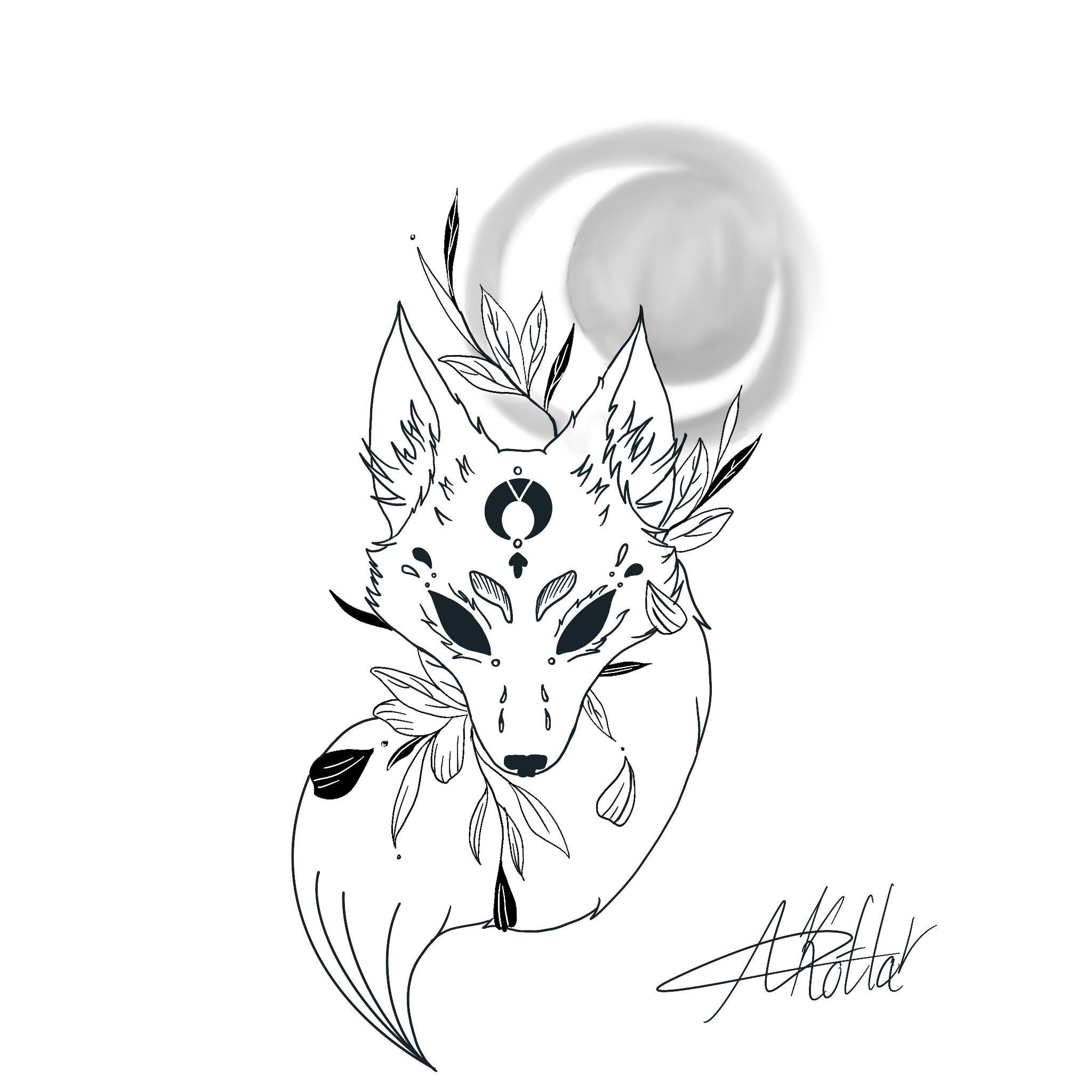 Kitsune Fox With Fluffy Tail And Leafpng Tattoo Sketch Etsy Australia