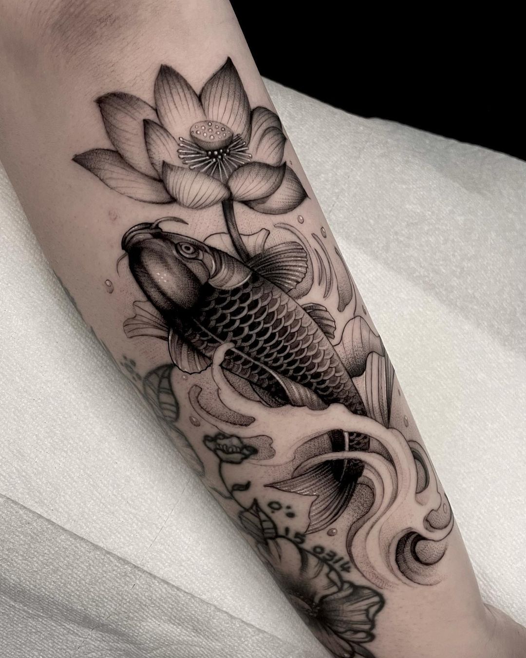 Koi Fish Tattoo W Lotus Flowers On My Calf Calf Tattoo Sleeve