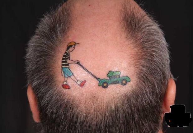 Lawn Mower Tattoo On Bald Head