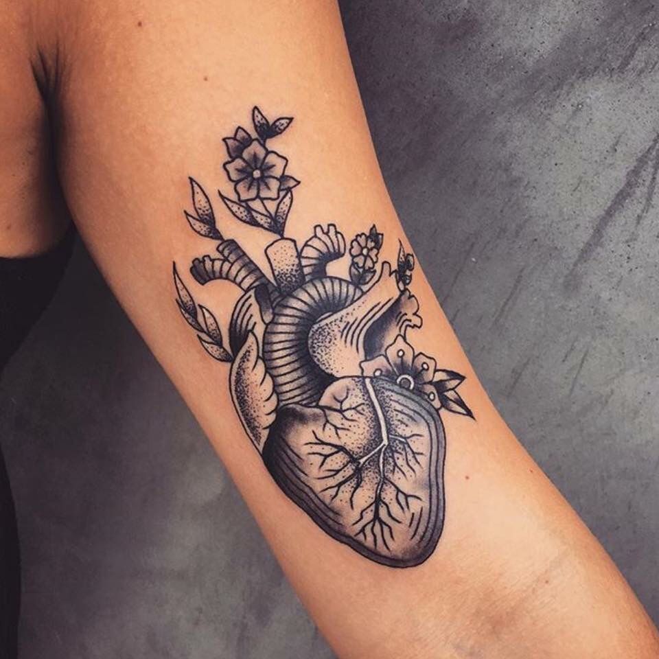 Line Art Winged Heart With Flowers Tattoo Illustration Black And White Organ Heart With Wings