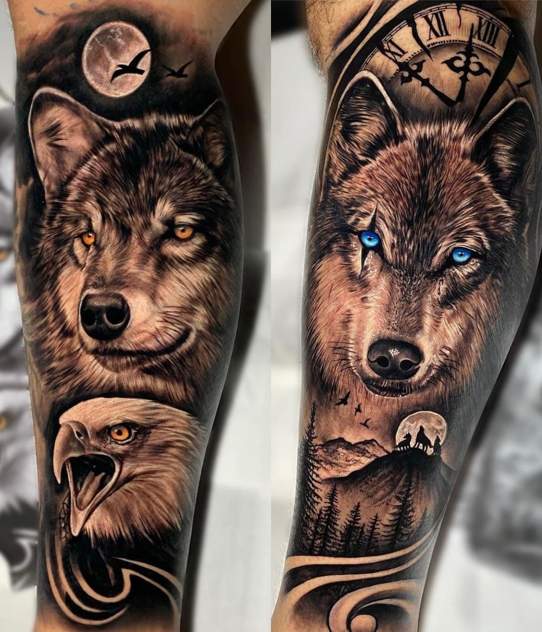 Lion And Wolf Combo Tattoo Space Tattoo Sleeve Wolf Tattoo Sleeve