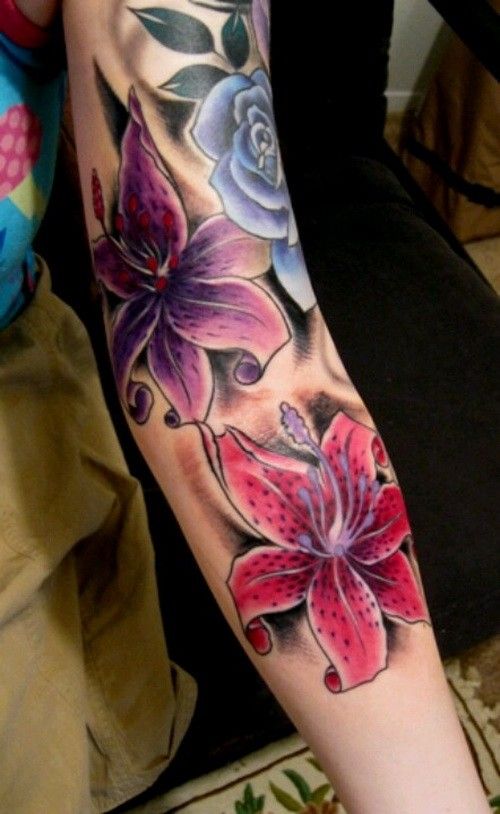 Lovely Vivid Colored Lily Flowers Tattoo Sleeve For Girls On Forearm